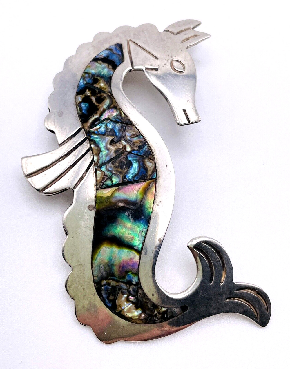 Sterling Silver Brooch Abalone Inlay Seahorse Pin VTG 2.2" Eagle Mark JH Mexico